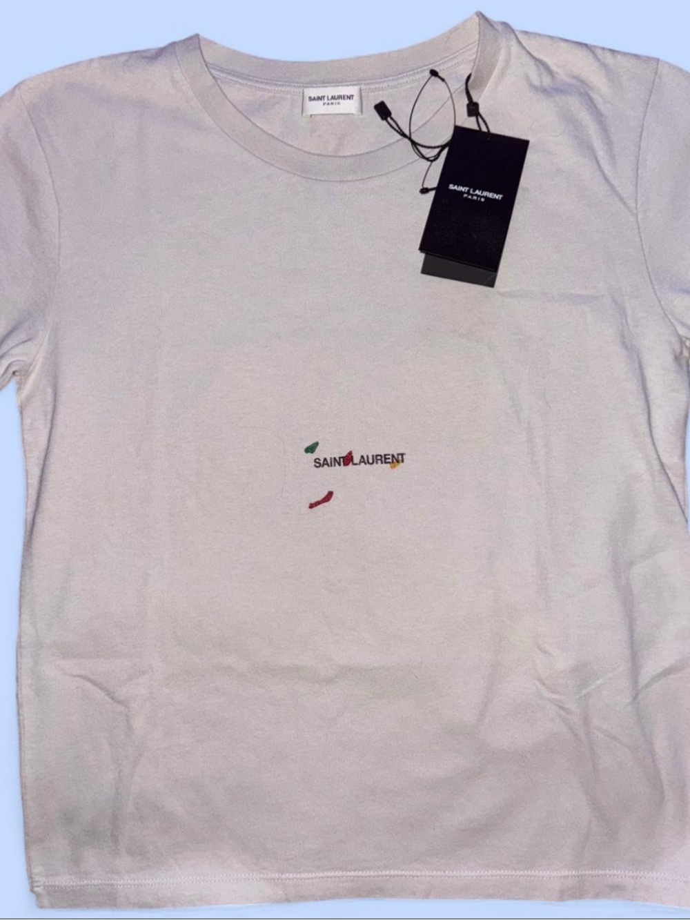 Saint Laurent NWT Rive Gauche White Tee with Multicolor Logo Design